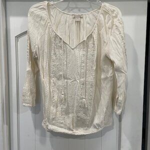 Lucky Brand Live In Love 3/4 Sleeve Embroidered Cream Color Top Size XS